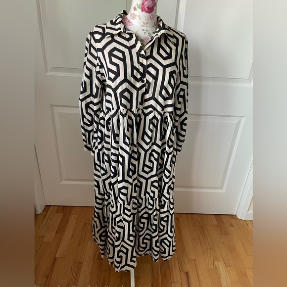 Zara Black White Print A-Line Long Sleeve Shirt Casual Maxi Dress Size Large - Picture 2 of 13